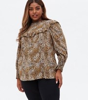 New Look Curves Brown Leopard Print Frill Yoke High Neck Blouse